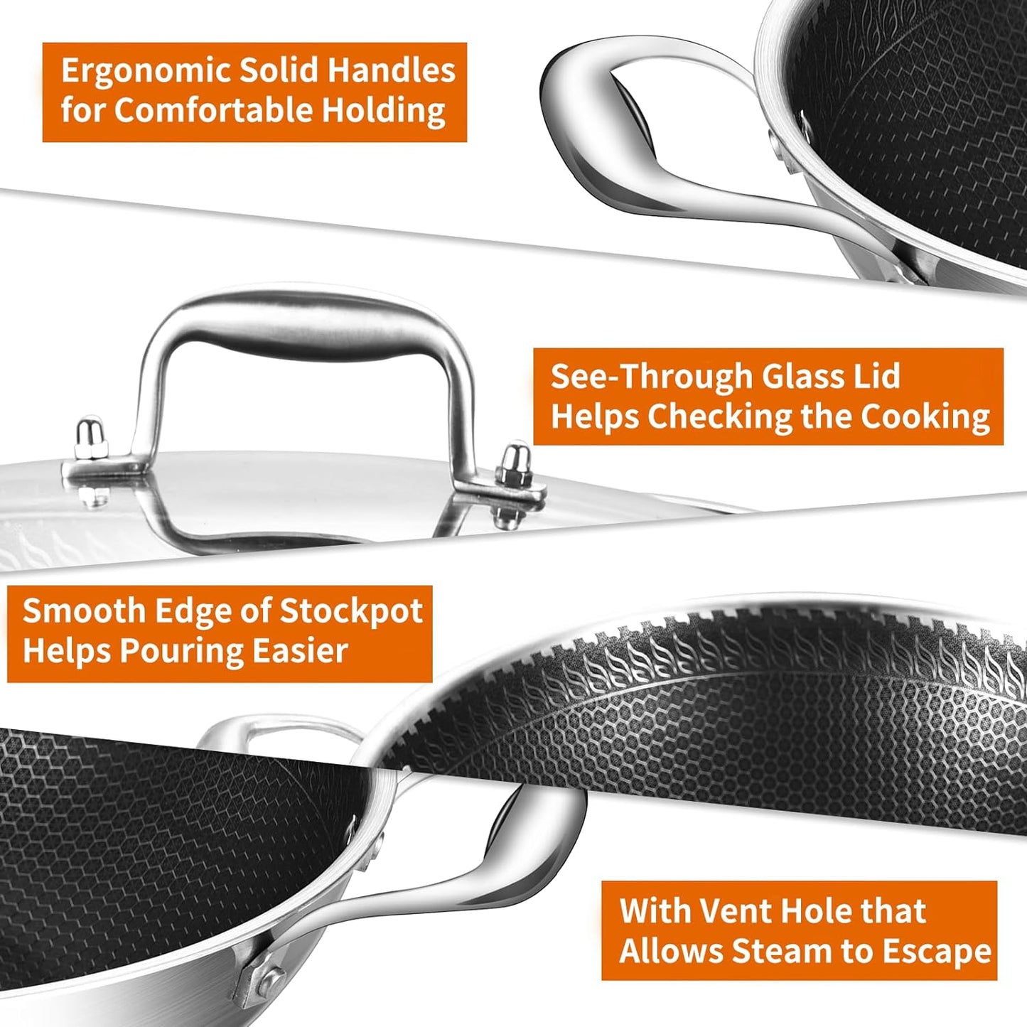 DELARLO Tri-Ply Stainless Steel Wok 13in Nonstick Deep Wok Pan with Lid,Stir-Fry Pans,5.5QT Cooking Pot induction Large woks,Compatible with All Cooktops Up to 550°F(Double Handle)