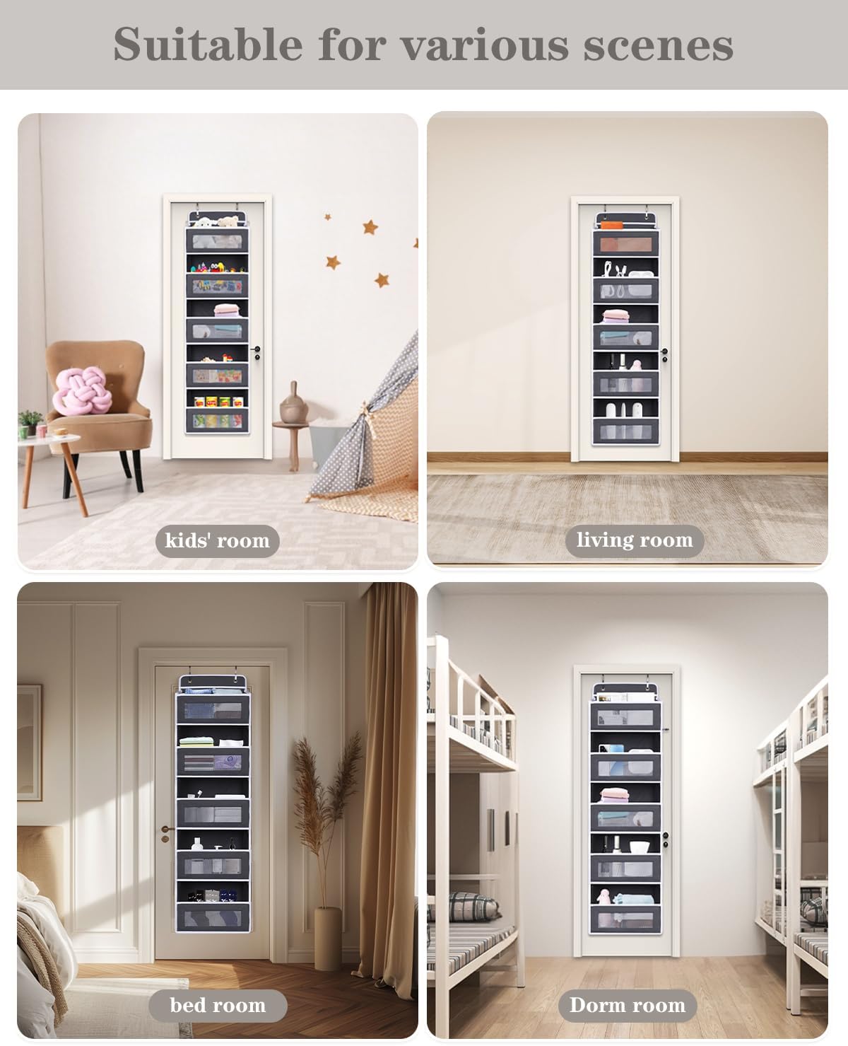 Over The Door Organizer 44LB Capacity with 5 Large Pockets & 10 Mesh Side Pockets, Clear Window Anti-Tilt Hanging Storage for Nursery, Bathroom, Pantry - Dark Grey, 1 Pack