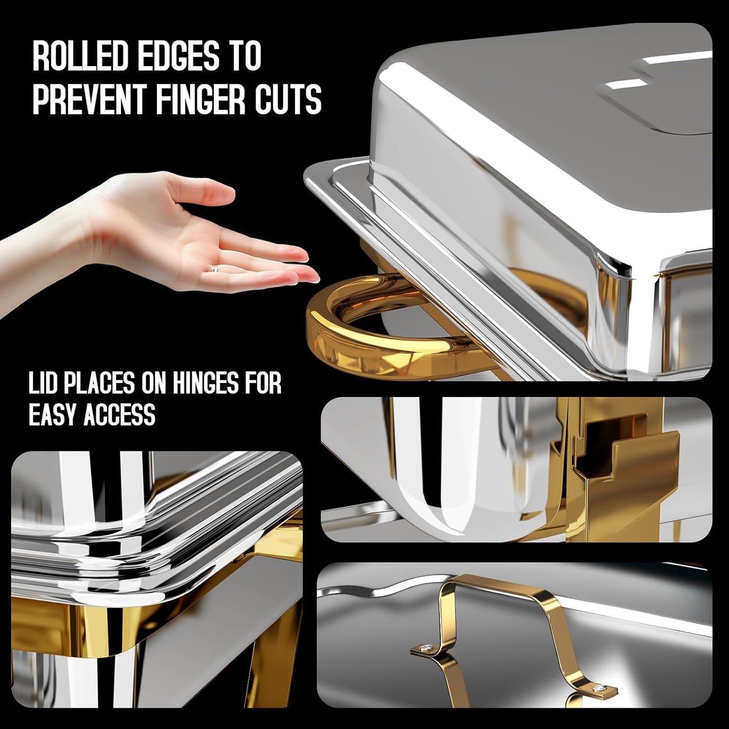Chafing Dishes for Buffet 2 Pack, [Elegant Gold and Silver] Stainless Steel Chafing Dish Buffet Set, 9QT No-Finger Cut Roll Edge Chafers and Buffet Warmers Sets for Party (Gold 1/2 Panx2)
