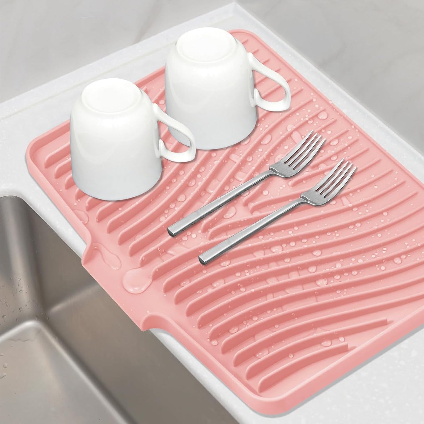 Silicone Dish Drying Mat for Kitchen Counter, Dish Drying Pad, Non-Slip Drain Pad with Built-in Drain, Heat Resistant Stone Drying Mat(15.8" x 13", Pink)