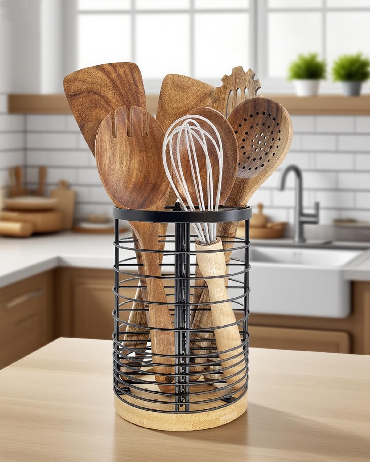 Utensil Holder with Removable Dividers, 7.2'' Large Capacity Kitchen Utensil Holder with Bamboo Base & Iron Mesh, Anti-Tip Design, 4 Partitions Utensils Holder Counter, Matte Black