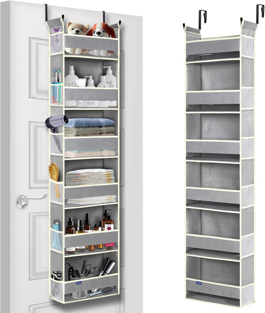 Over The Door Organizer 6-Shelves and 12 Side Pockets, Over The Door Storage for Bathroom Bedroom Nursery, Hanging Door Organizers for Baby Diapers and Kids Toys (13"x5"x54", Grey)