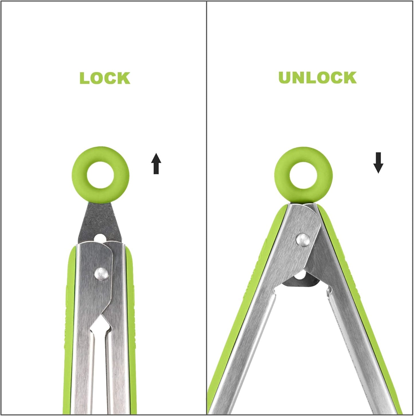 304 Stainless Steel Kitchen Cooking Tongs, 9" and 12" Set of 2 Sturdy Grilling Barbeque Brushed Locking Food Tongs with Ergonomic Grip, Green