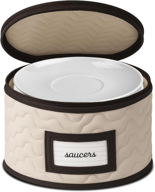 Saucers Storage Container - Quilted Microfiber China Organizer Box with Dividers - Protects & Organizes Up to 12 Plates of 7" - Ideal for Seasonal Dishware Protection
