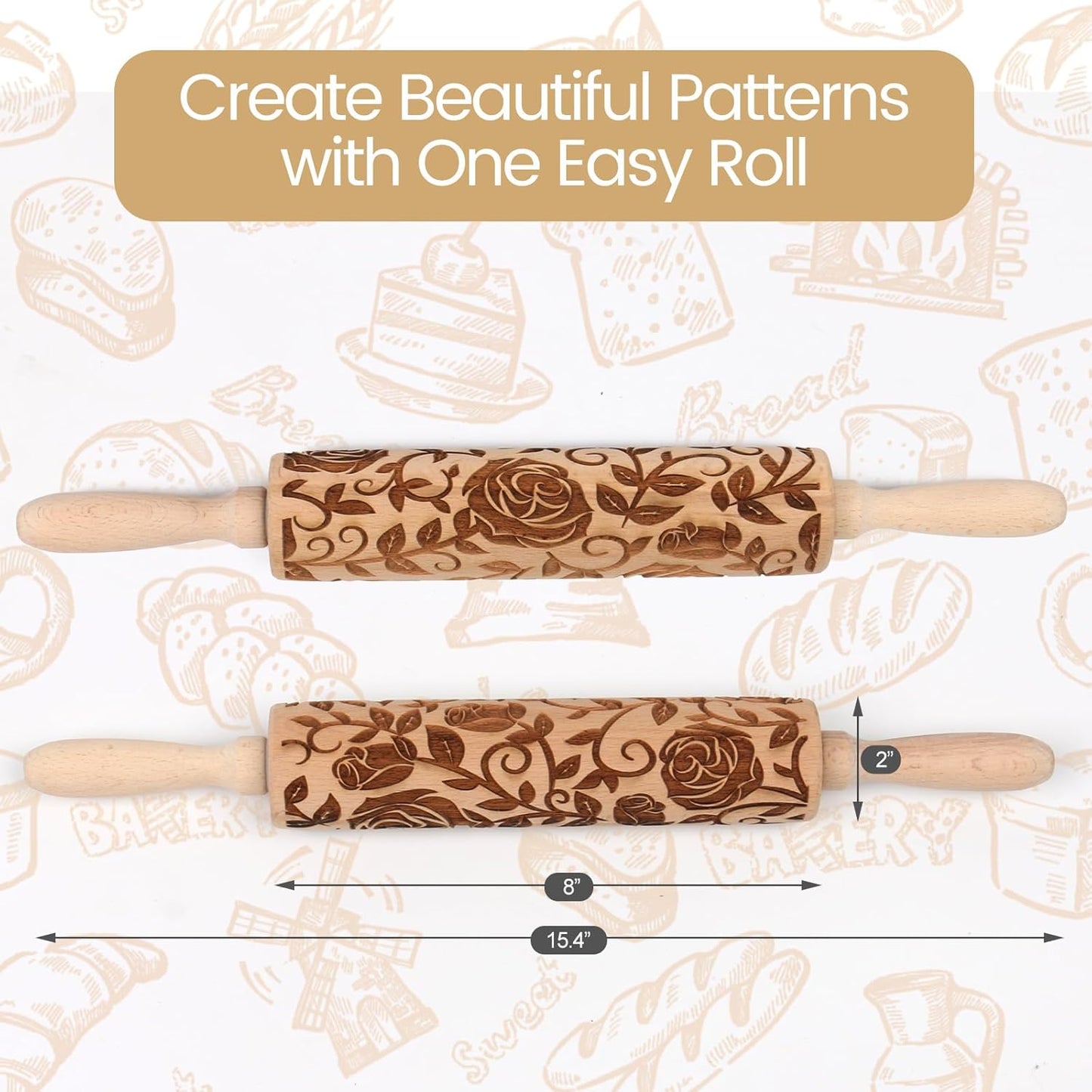Floral Rose Embossed Rolling Pin for Baking Cookies Embossing Rolling Pins with Design Wooden Engraved Springerle Shortbread Roller Pin Flower Patterned Clay Pottery Ceramic Stamp Mold Bakers Women