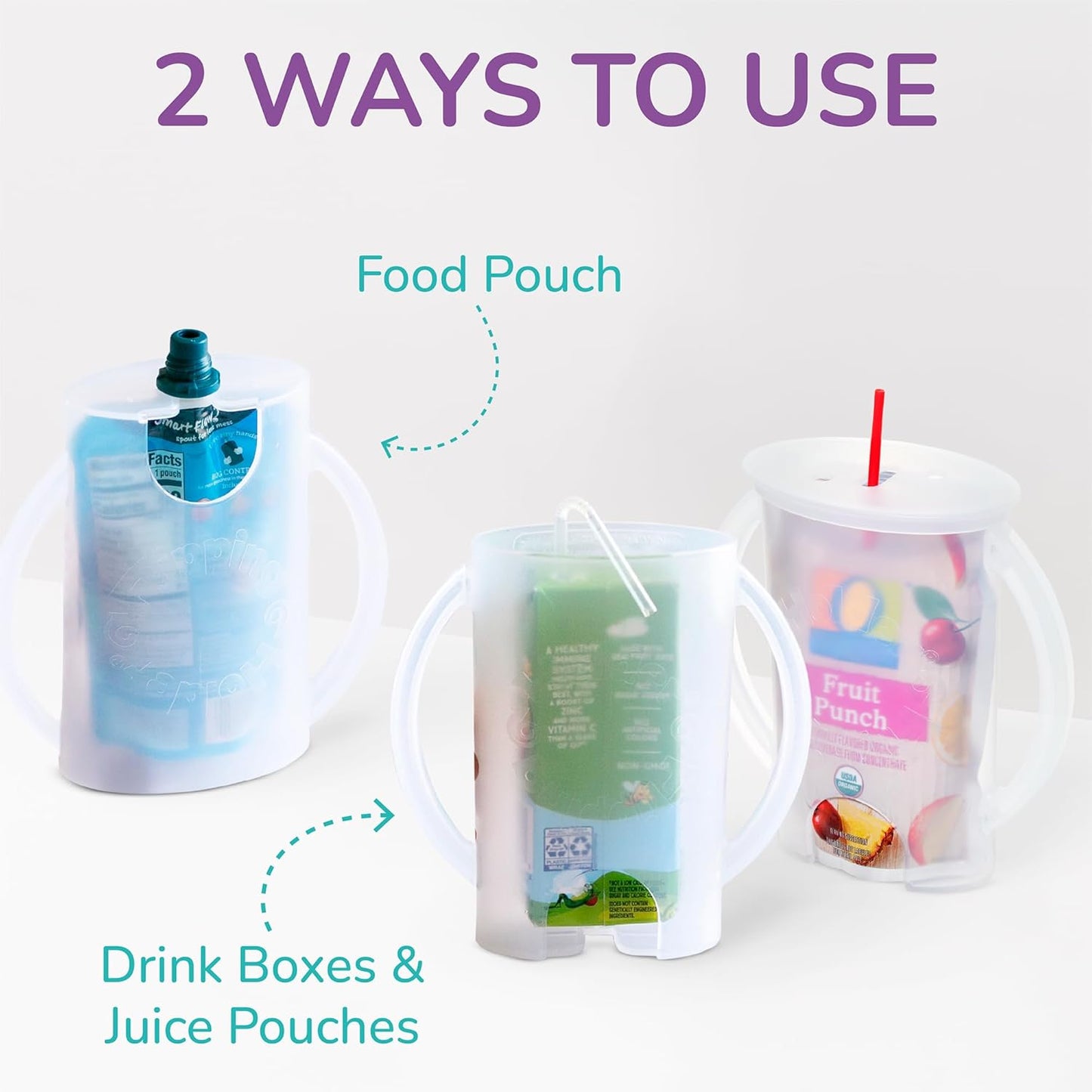 Squeeze Proof Food Pouch Holder for Toddlers, Babies, Kids, Mess Free No Squeeze Juice Box Drink and Applesauce Snack Holder with Easy Grip Handles and Lid