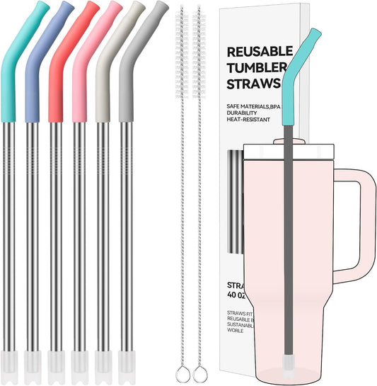 40 oz Straight Metal Straws for 40 oz Stanley Tumbler, 6 Pcs Stainless Steel Reusable Drinking Metal Straw with Colourful Silicone Tips,Straw for Glass Cups, BPA FREE