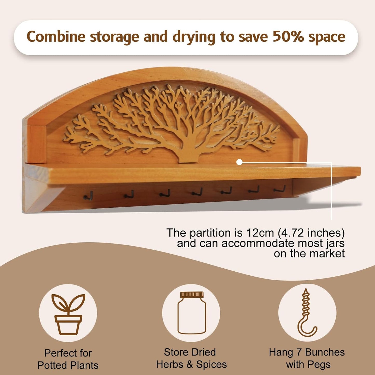 Hanging Herb Drying Rack - Artistic Life Tree Design. Space-Saving Kitchen Flower Dried Grass Display,Holds 7 Bouquets. For Witches & Gardeners Gifts for Crafters, Wall Art Décor