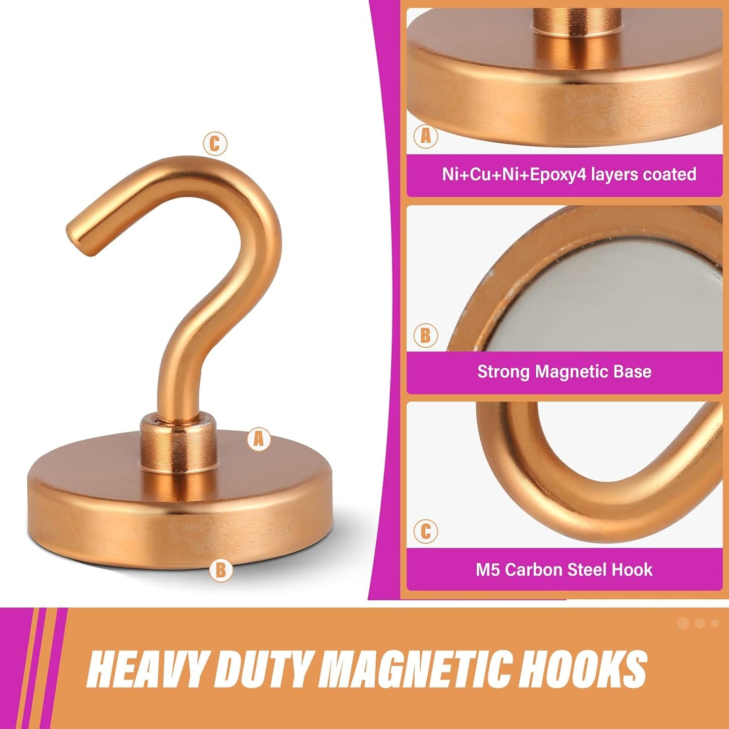 Neosmuk Magnetic Hooks Heavy Duty,Strong Magnet with Hook for Fridge, Super Neodymium Extra Strength Industrial Hooks for Hanging, Magnetic Hanger for Toolbox, Cruise, Grill(Bronze,10 Pack)