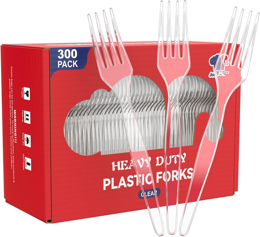JOLLY CHEF [300 Count] Clear Plastic Forks,Heavy Duty Disposable Forks Plastic Utensils Perfect for Home, School, Party, Restaurant or Daily use