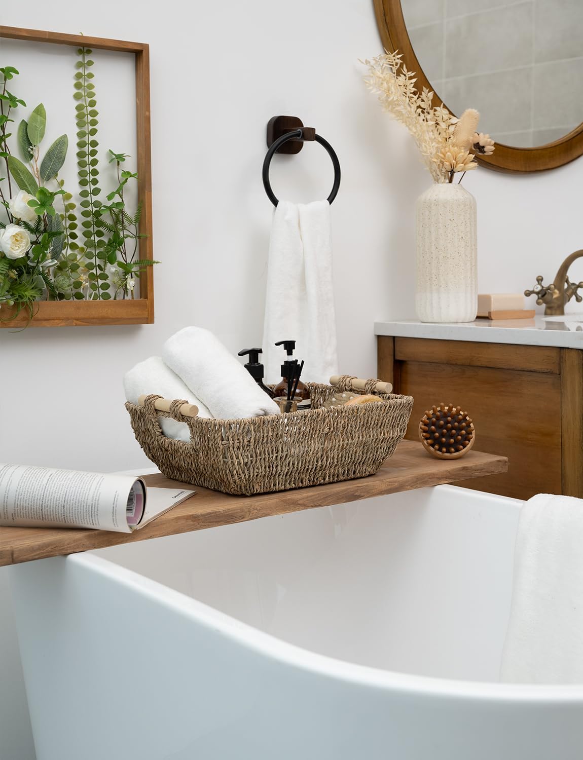 StorageWorks Hand-Woven Large Storage Baskets with Wooden Handles, Seagrass Wicker Baskets for Organizing, 2-Pack