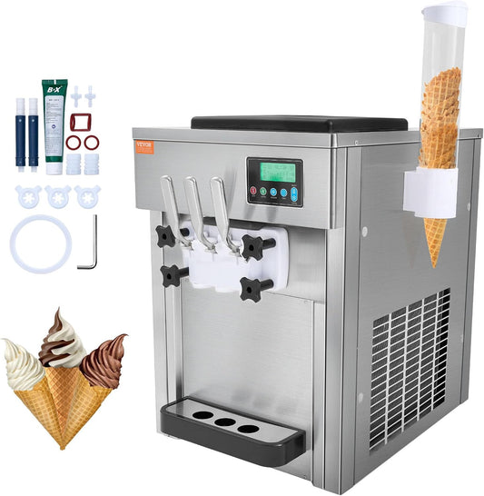 VEVOR Commercial Ice Cream Machine, 21 QT/H Yield, 1800W 3-Flavor Countertop Soft Serve Ice Cream Maker, 2 x 4L Hopper 2 x 1.8L Cylinder, LCD Panel Auto Clean Pre-cooling, for Restaurant Snack Bar