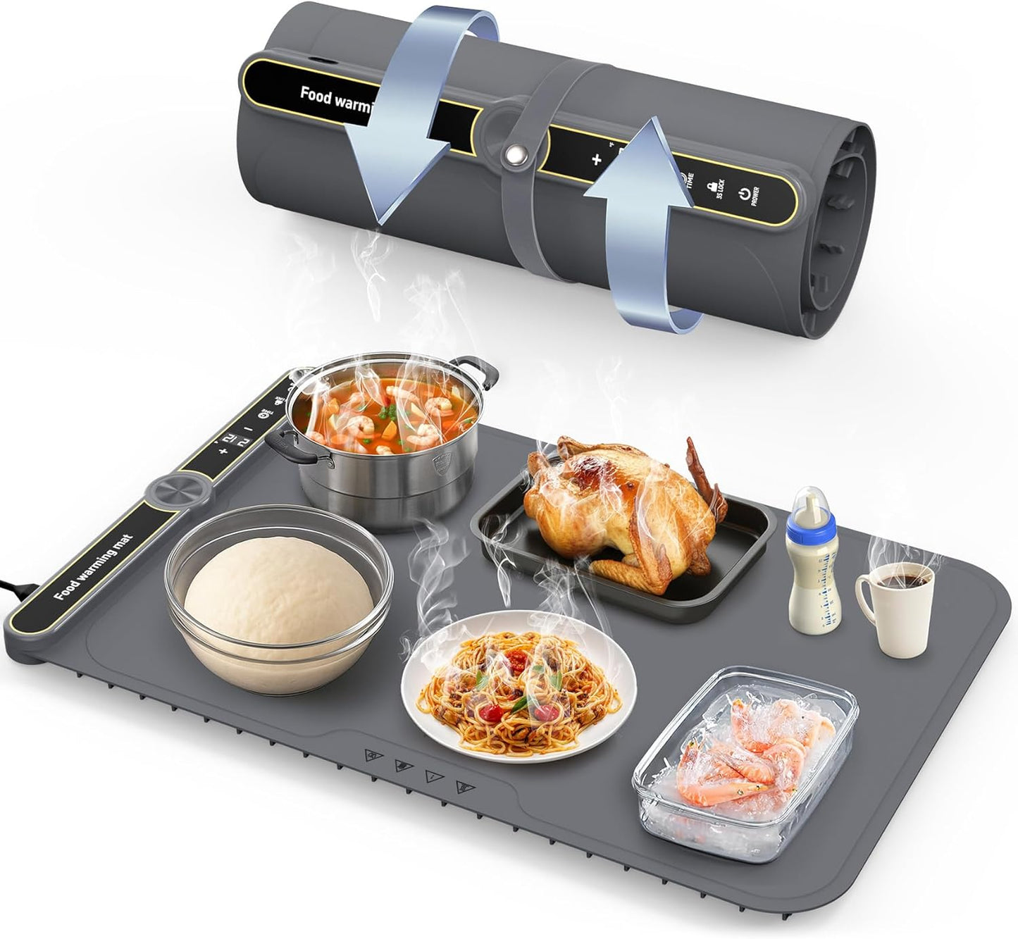 Food Warming Mat, Rapid Heating Electric Warming Tray with 9 Temp Setting and 6 Hours Timer, Foldable Warming Mat for Food, Portable Food Warmers for Parties Buffet, Gray