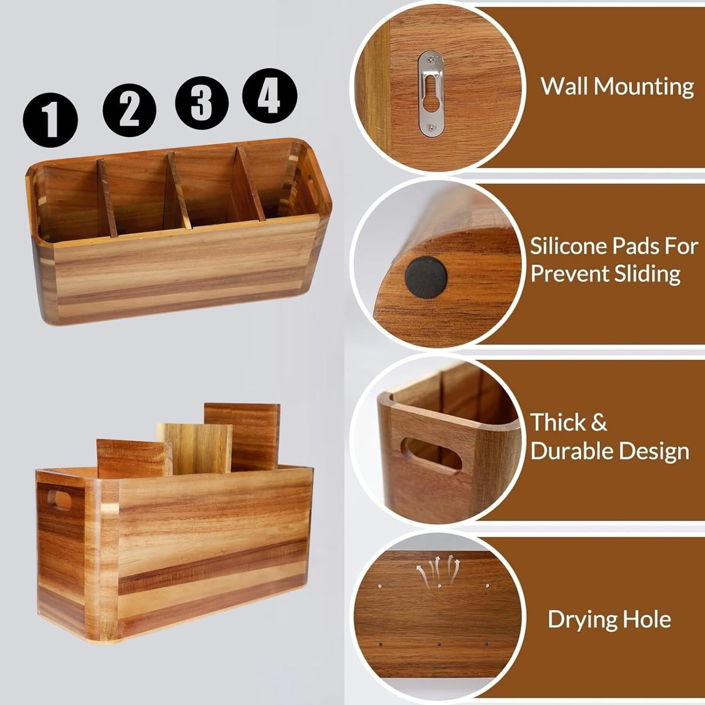 Wooden Kitchen Utensil Holder Organizer for Counter or Countertop, Large Wooden Utensil Holder for Storage Cooking and Silverware with 4 Compartment, Acacia Rustic Wood Container Extra Large