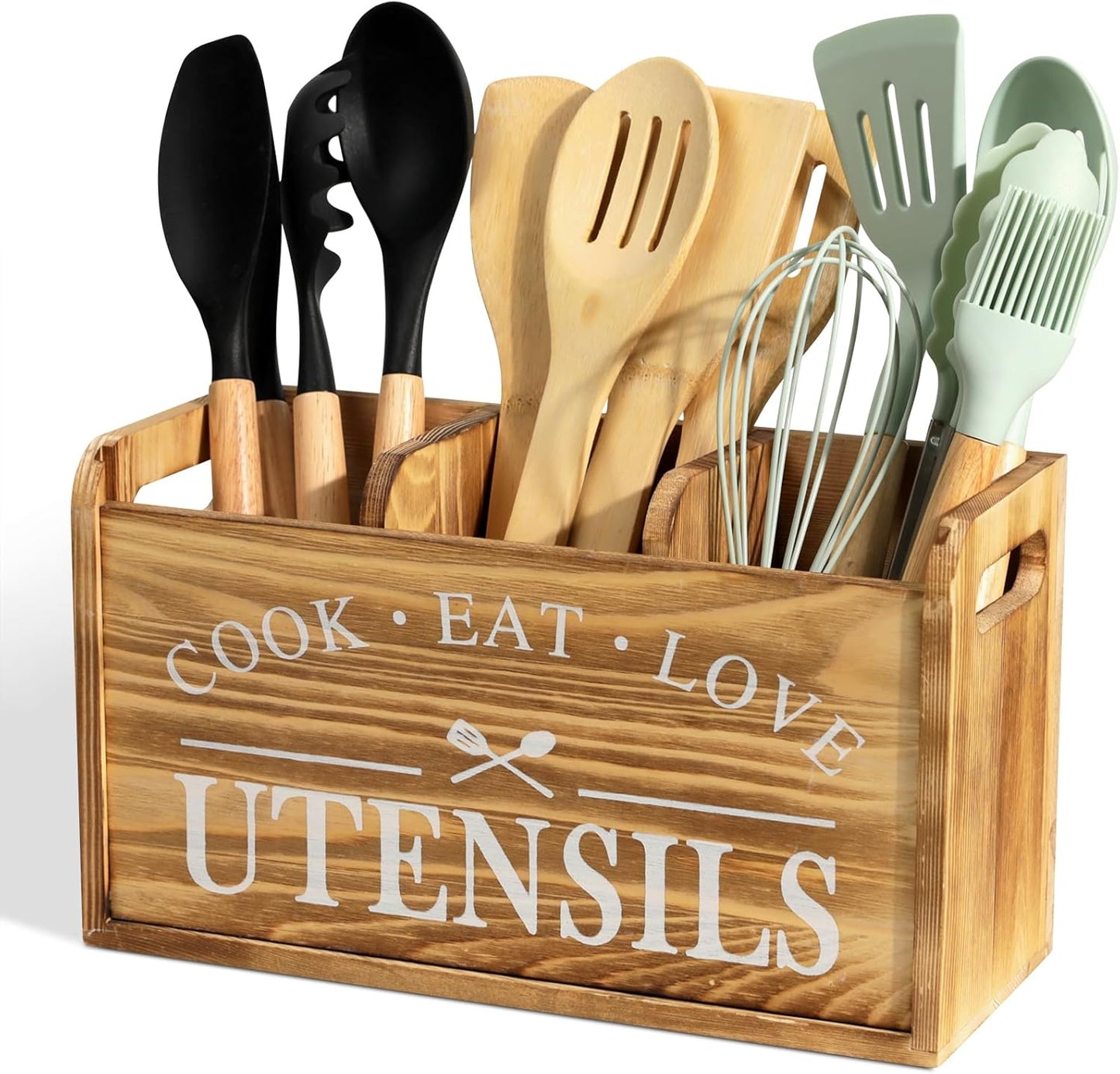 Kitchen Utensil Holder for Countertop, Large Solid Wood Farmhouse Cooking Utensils Organizer for Kitchen Counter, 3 Compartments Utensil Spoon Holder Kitchen Tool Storage for Home Decor (Burned wood)