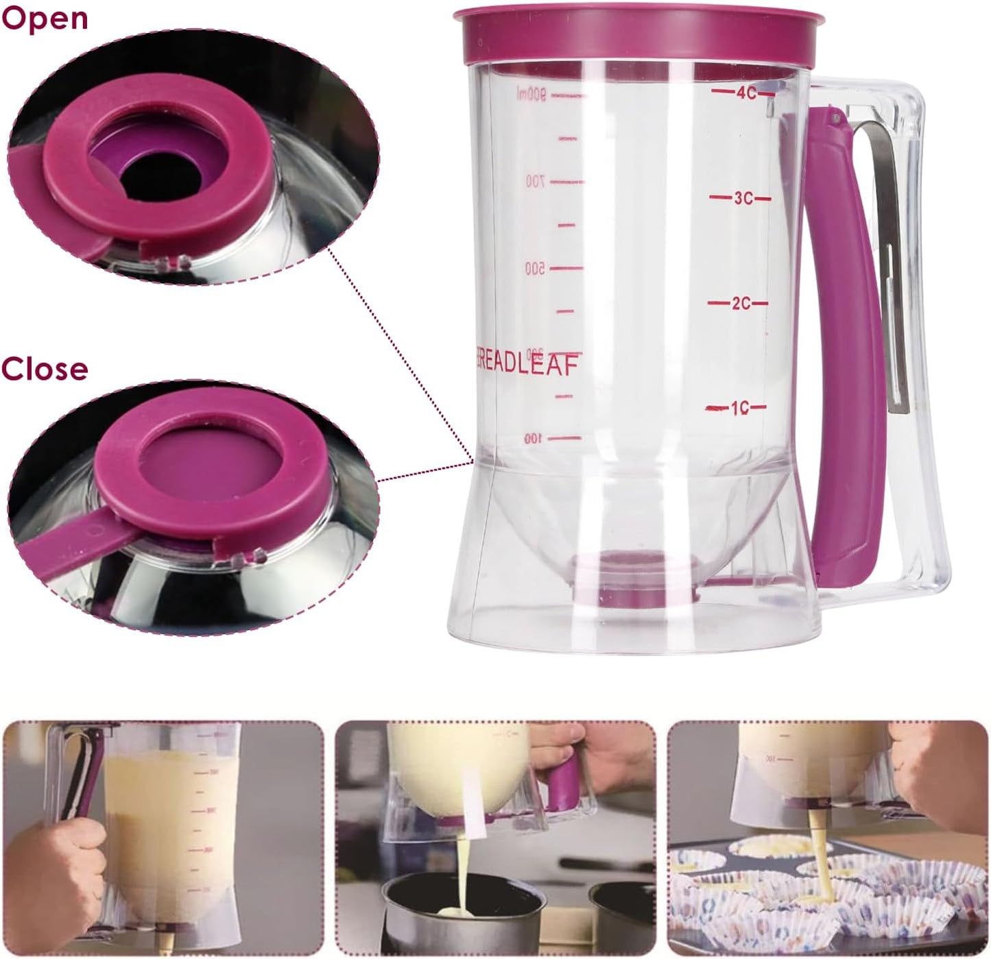 Pancake Batter Dispenser, 900ml Batter Separator with Measuring Label Cookie Separator Batter Cream Speratator for Pancakes, Cupcake, Waffle, Muffin Mix, Crepe & Cake