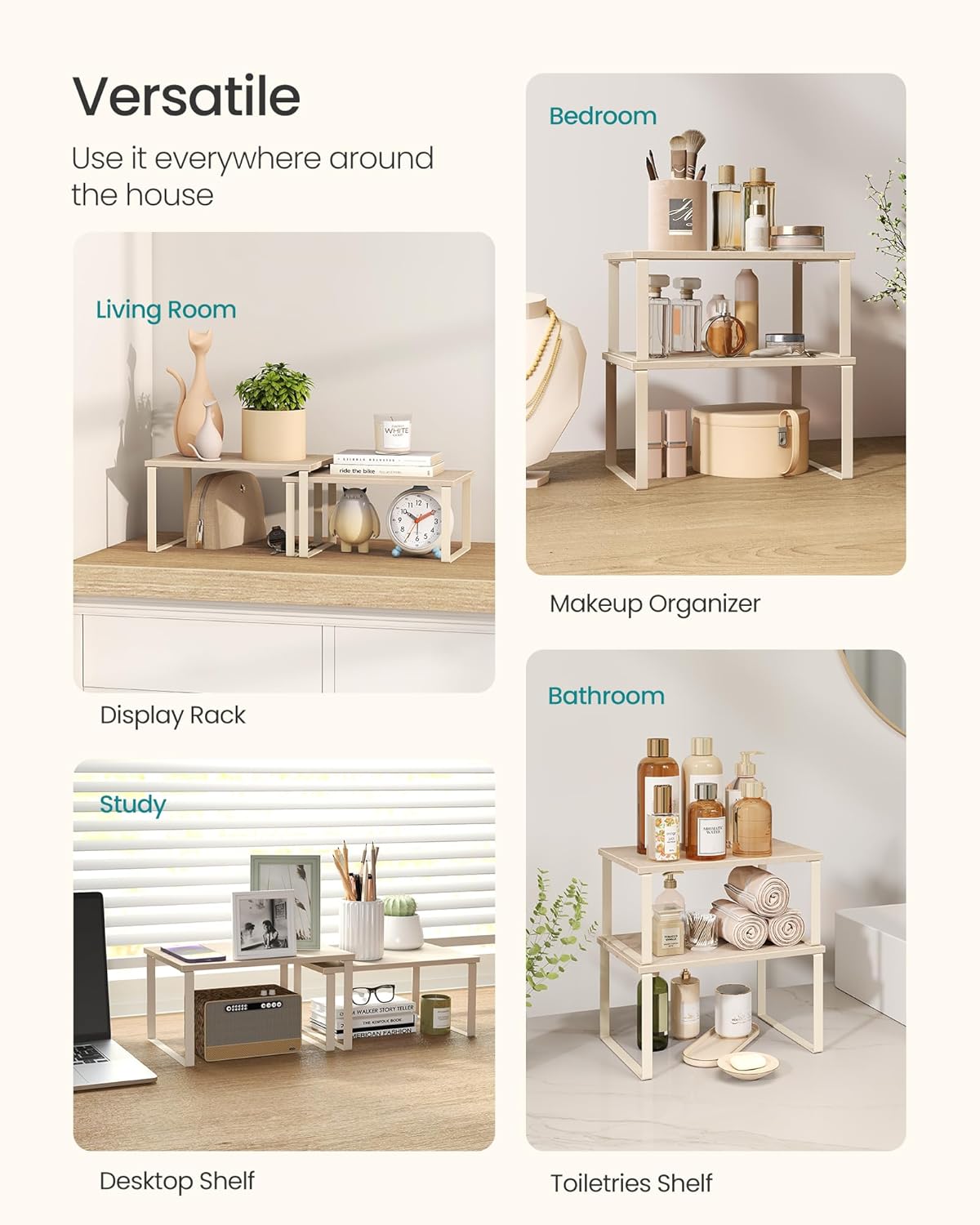 SONGMICS Cabinet Organizer Shelf, Set of 2 Kitchen Counter Shelves, Kitchen Storage, Spice Rack, Stackable, Expandable, Metal and Engineered Wood, Travertine Beige and Cream White UKCS020L01