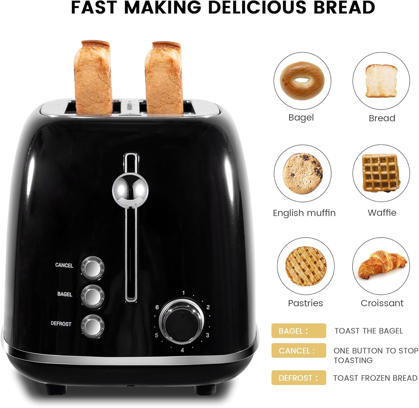 2 Slice Toaster Retro Stainless Steel with Bagel, Cancel, and Defrost Functions, 6 Bread Shade Settings, Extra Wide Slots and Removable Crumb Tray, Black