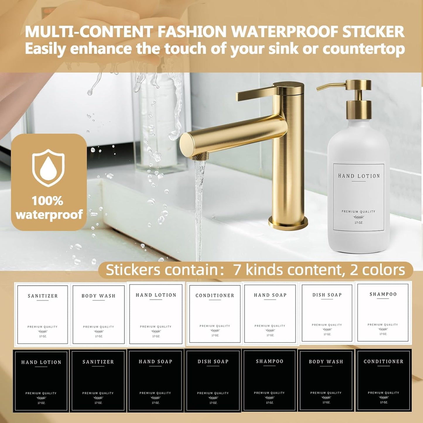 Soap Dispenser Bathroom - Kitchen Dish and Hand Soap Dispenser Set, Glass Bathroom Soap Lotion Dispenser with Pump, Tray, 14 Waterproof Labels, Set of 2 White Bottle/Gold Pump-pd