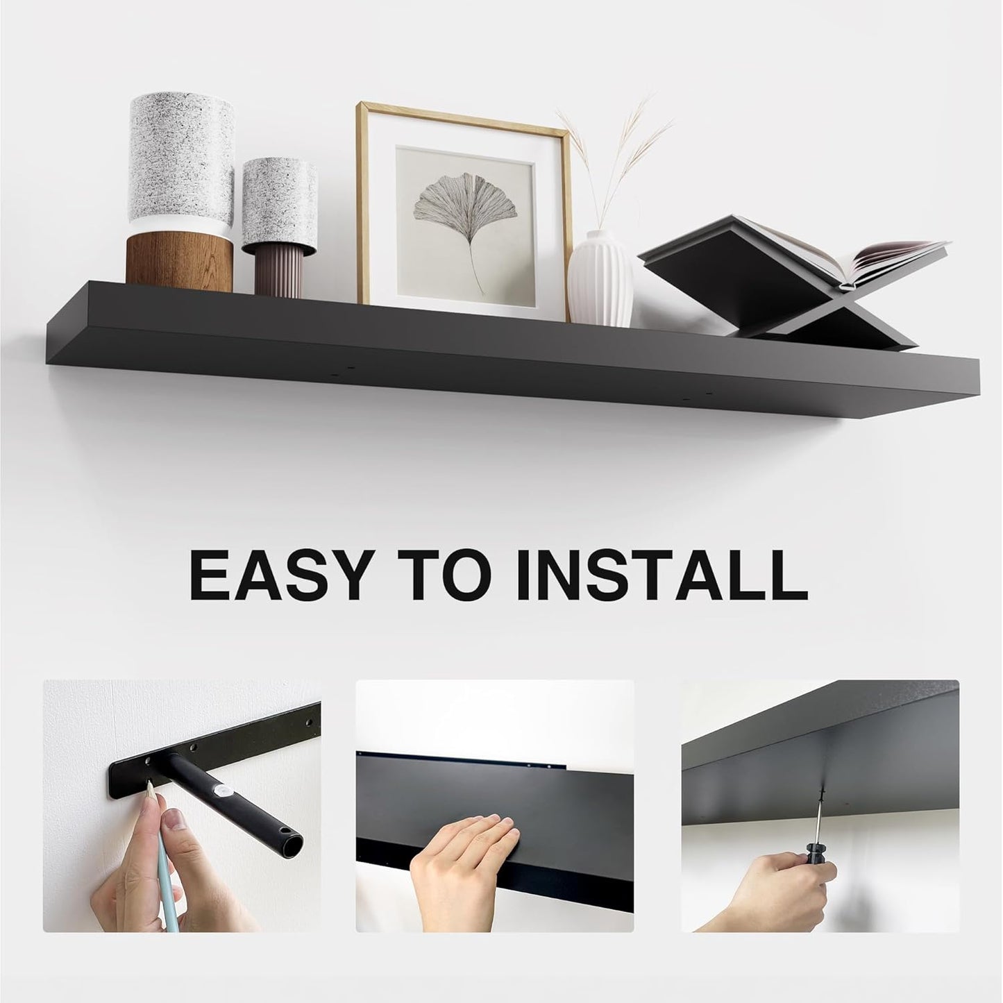 Colima Floating Shelves for Wall Black Wood Shelf for Bedroom, 36 Inch Wall Mounted Floating Shelves for Bathroom Living Room Kitchen Office, 1.3" Thick Floating Book Shelves for Wall, Set of 3