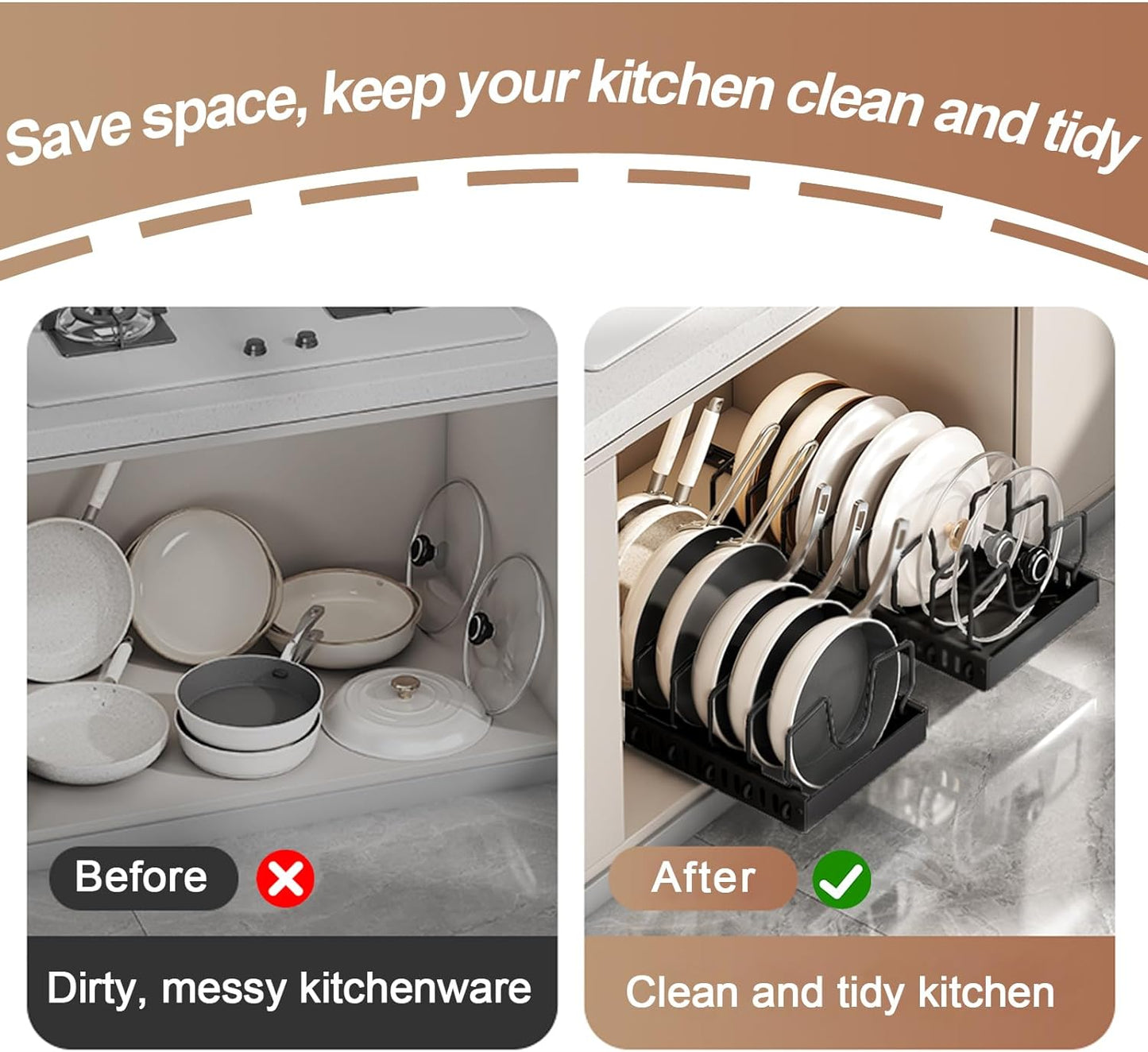 Pots and Pans Organizer Under Cabinet, Sliding Pot Lid Holder and Pan Rack in Kitchen, Pull out Pot and Pan Organizer, for Pot Lid, Bakeware, Dishes, Pots and Pans Storage