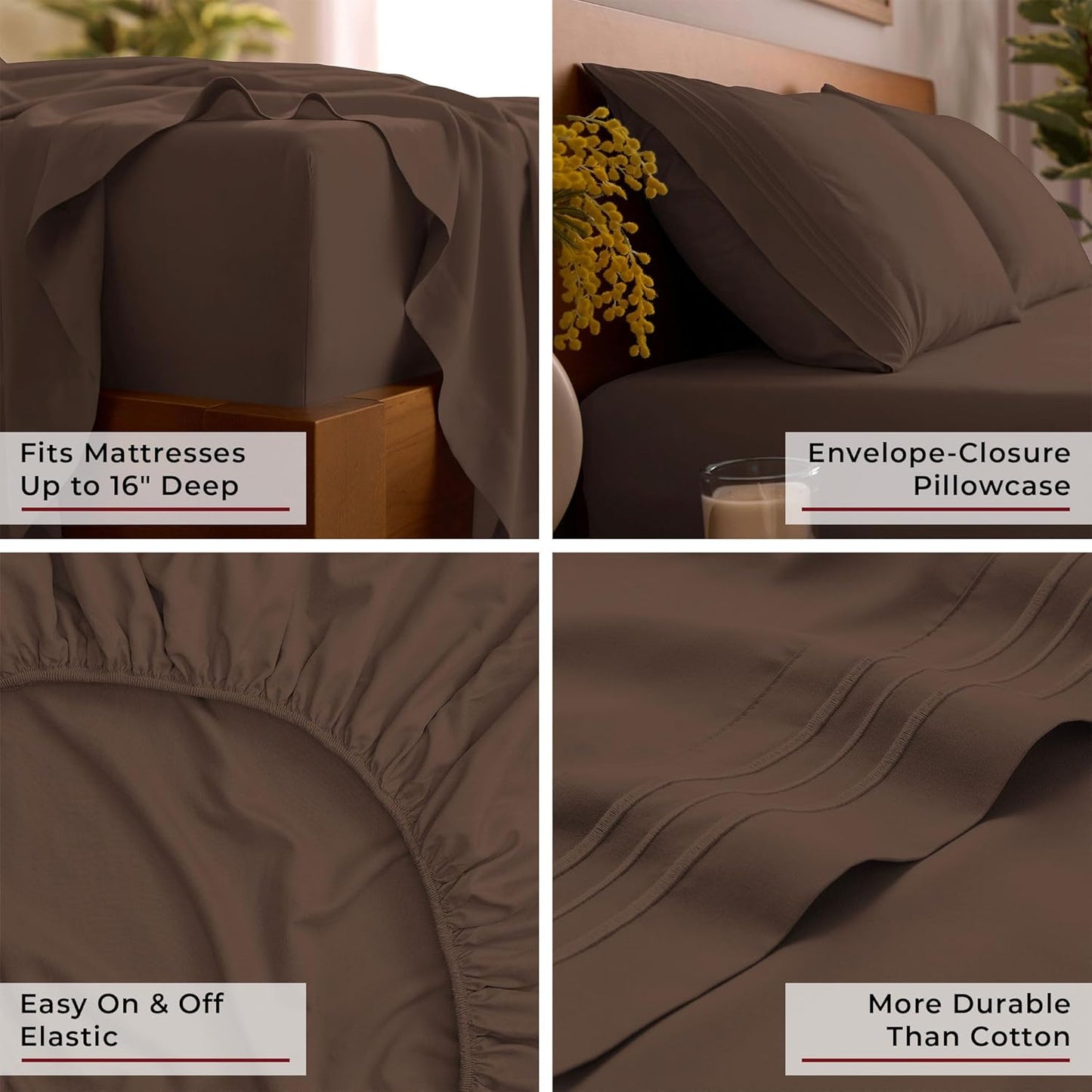 Mellanni Queen Sheets Set - 4 PC Iconic Collection Bedding - Hotel Luxury, Extra Soft, Cooling Bed Sheets - Wrinkle, Fade, Stain Resistant (Queen, Brown)