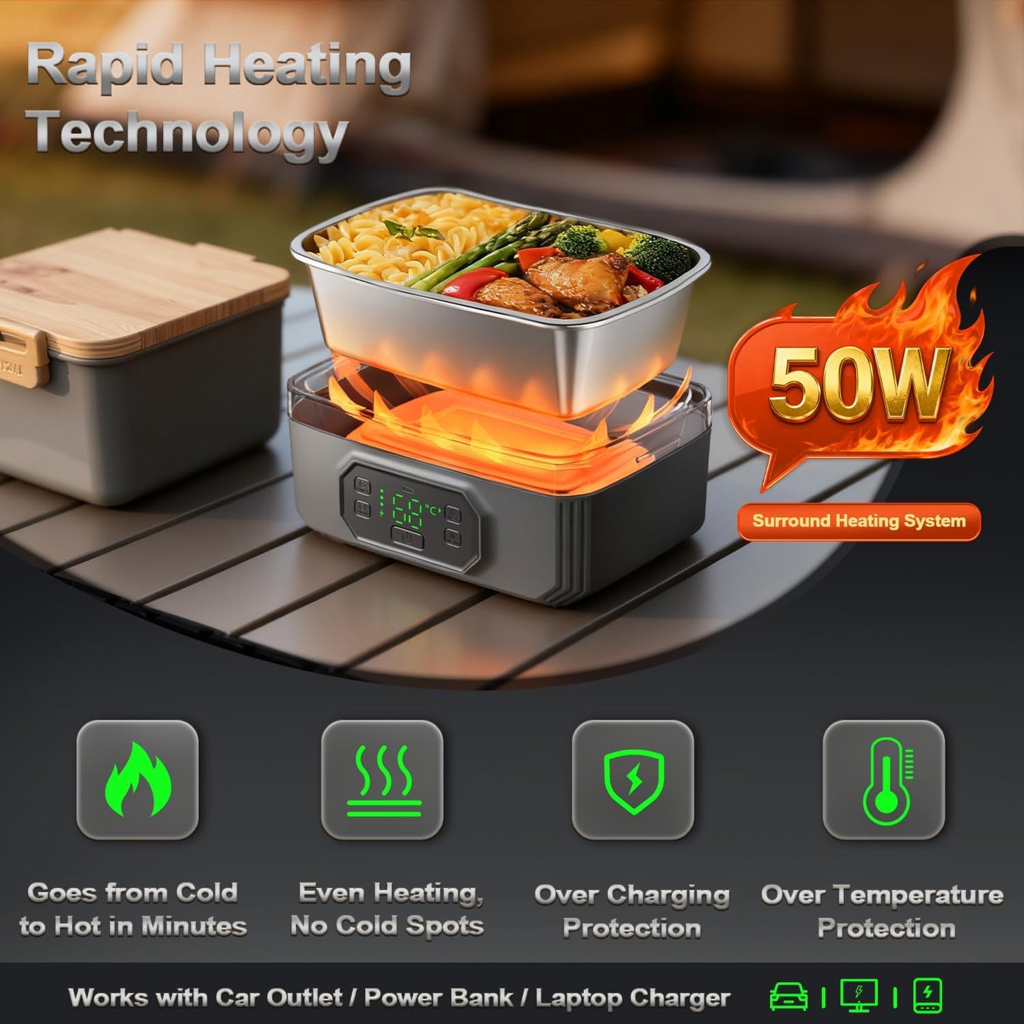 1.6L Cordless Electric Lunch Box - 24000mAh Heated Lunch Box Battery Powered with Automatic Heating, 9-Timer & 5-Temp Setting, Leakproof 304 Stainless Steel Container, Perfect for Office/Truck/Outdoor