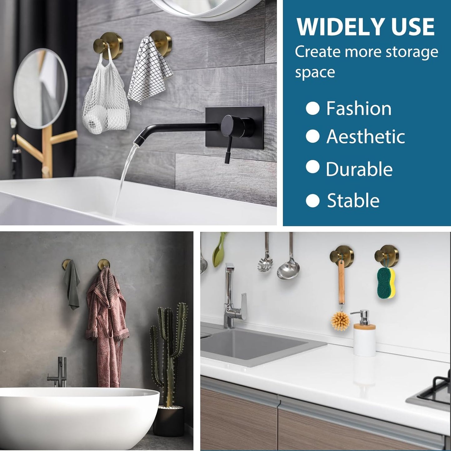 Suction Cup Hooks for Shower, 2 PCS No-Drill Towel Holder for Bathrooms Wall, Glass Door, Mirror, Tiles, Kitchen, Hold Robe & Wreath, Hanging up to 15 lbs – Waterproof & Rustproof,Loofah-Gold