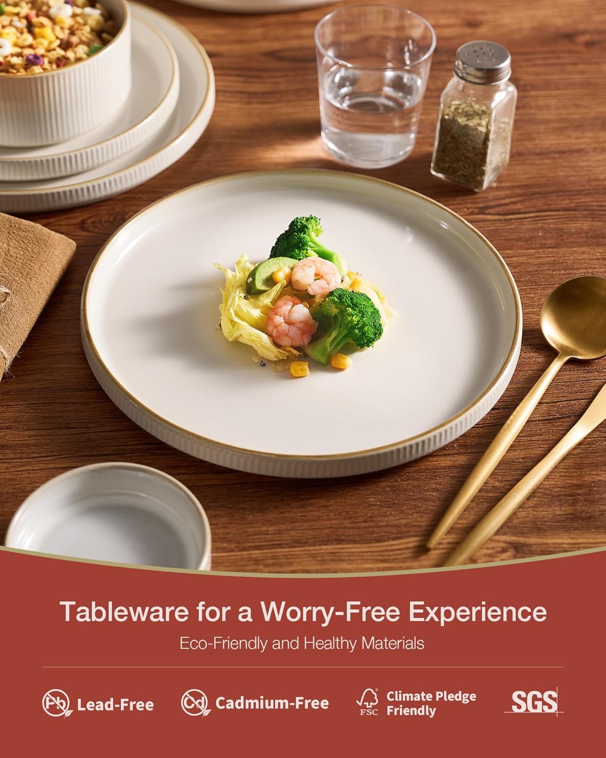 Famiware Star Dinnerware Set, Plates and Bowls Sets for 4 (12pcs), Ribbed Stoneware Dishes - Chip & Scratch Resistant, Microwave & Dishwasher Safe Tableware, Vanilla White