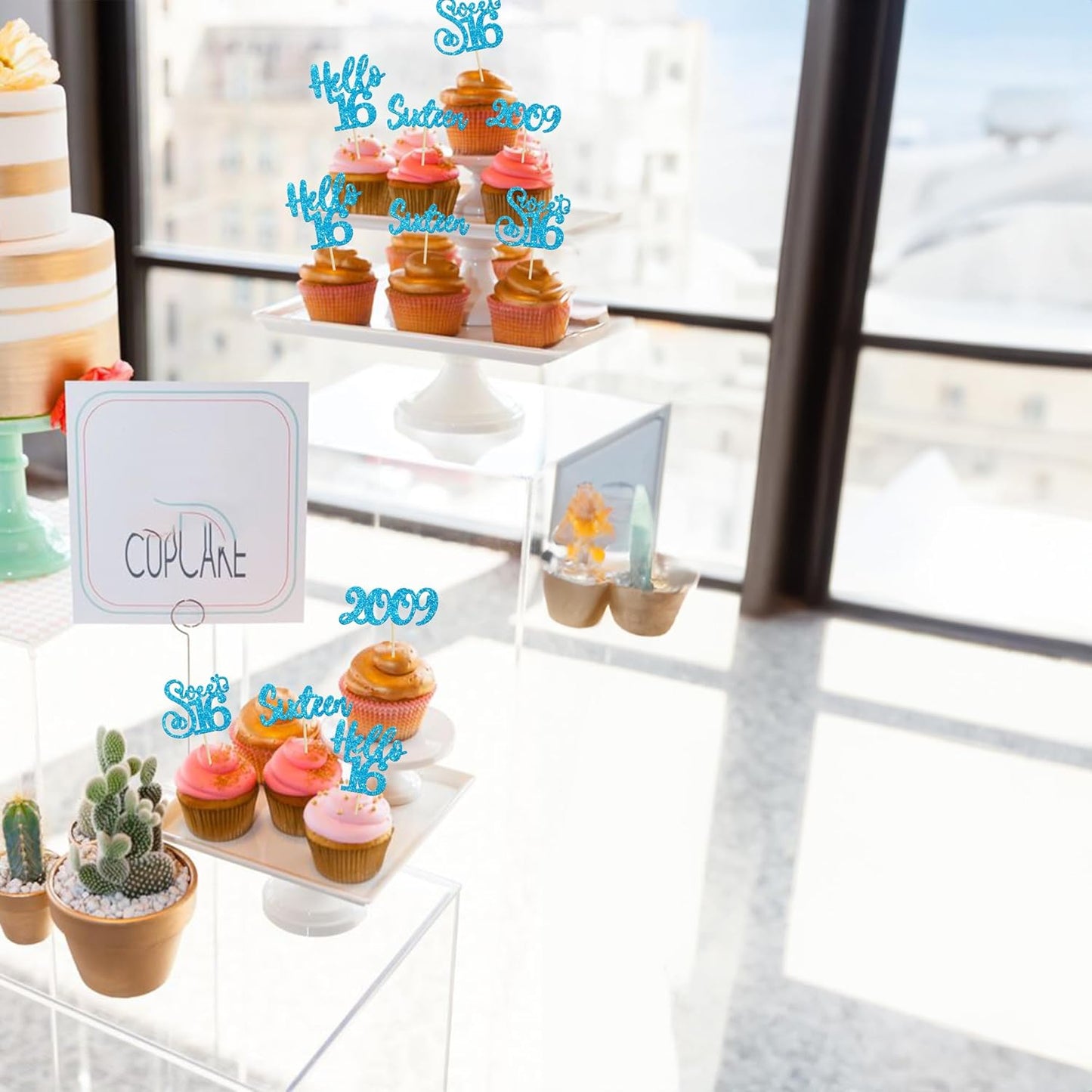 Gyufise 24Pcs Happy 16th Birthday Cupcake Toppers Glitter Hello 16 Sweet 16 Cupcake Picks Sixteen Years Old Birthday Cake Decorations for Celebrating 16th Birthday Anniversary Party Supplies Blue