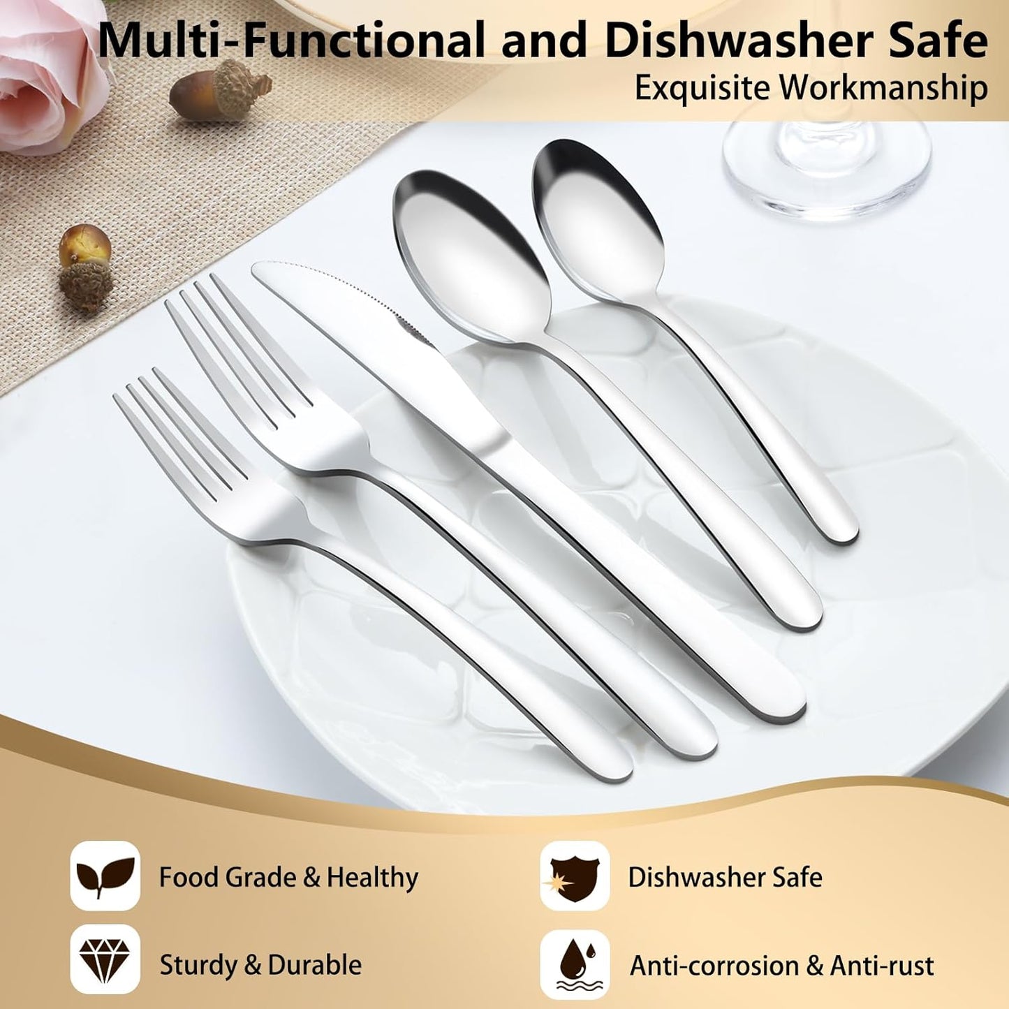 Pleafind 40-Pcs Silverware Set for 8, Premium Stainless Steel Flatware Set, Include Forks Spoons and Knives Set, Mirror Polished Cutlery Utensil Set for Home Restaurant, Dishwasher Safe