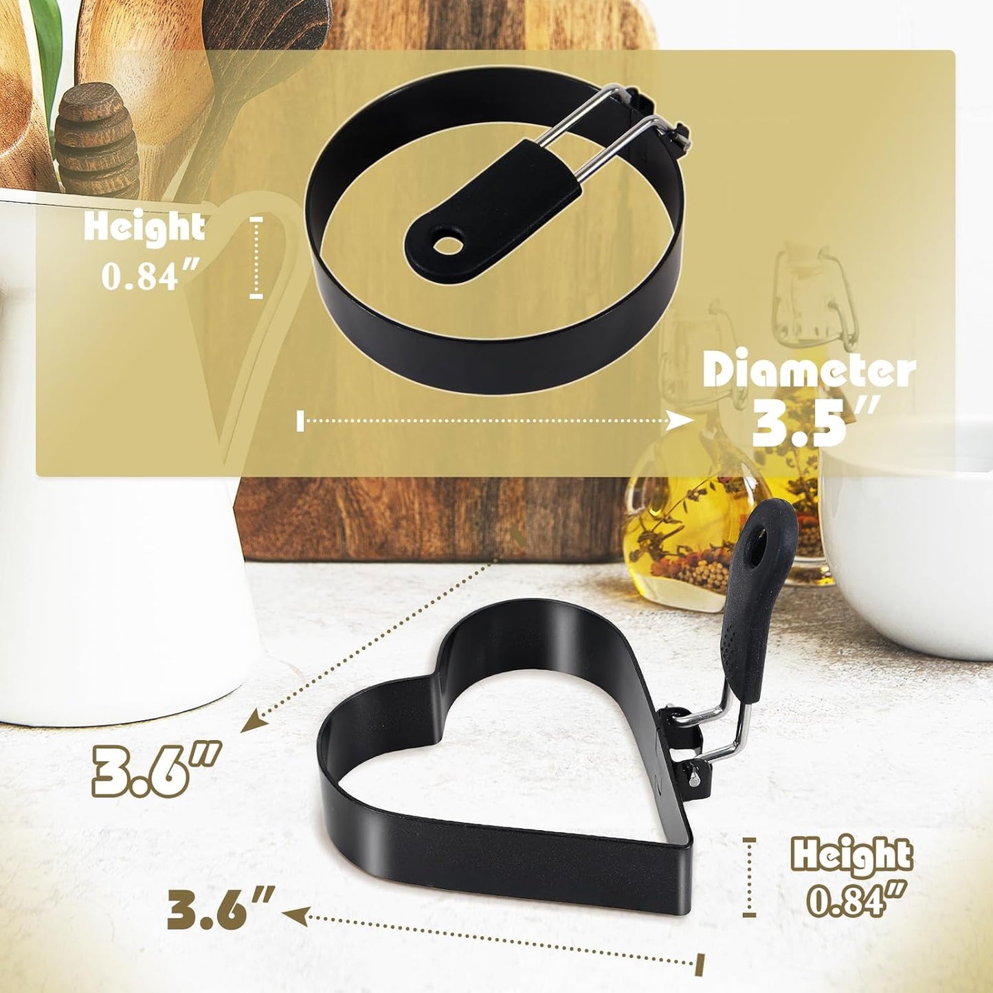 Round+Heart Egg Rings Set with Silicone Handle, Stainless Steel Egg Cooking Rings，Nonstick，For Frying Eggs and Egg Mcmuffins, Egg Mold For Breakfast