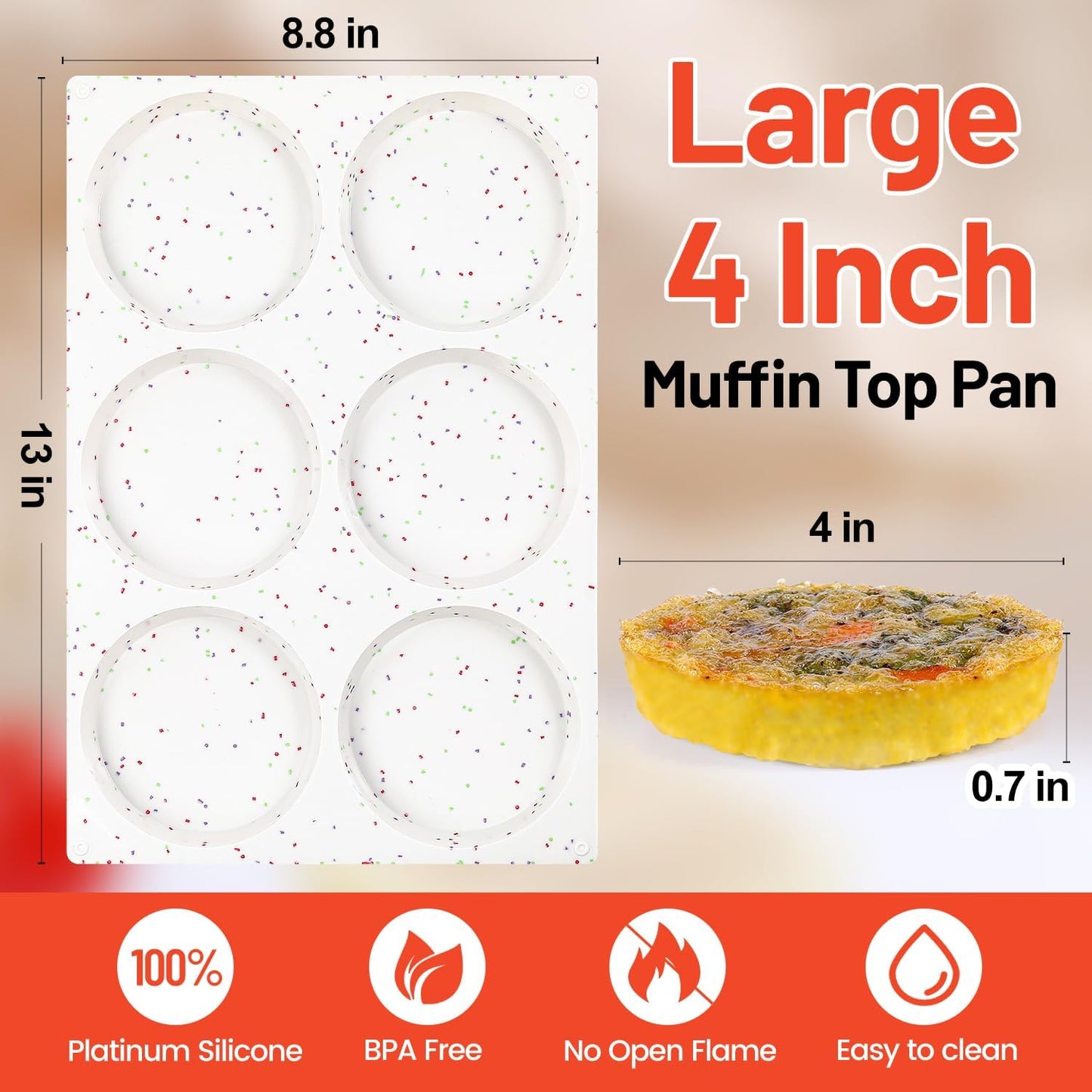 Jumbo Muffin Top Pan, 4 Inch Extra Large Egg Baking Pan for Oven Silicone Molds for Breakfast Sandwiches, English Muffins, Whoopie Pies, Corn Bread, Egg Bites, 2 Pack Confetti