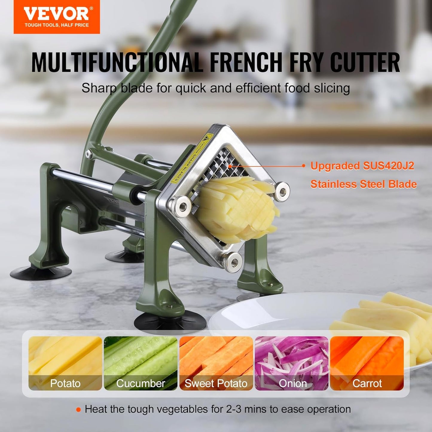 VEVOR French Fry Cutter, Potato Slicer with 1/2-Inch and 3/8-Inch Stainless Steel Blades, Manual Potato Cutter Chopper with Suction Cups, Great for Potato, French Fries, Cucumber, Vegetables, Carrot
