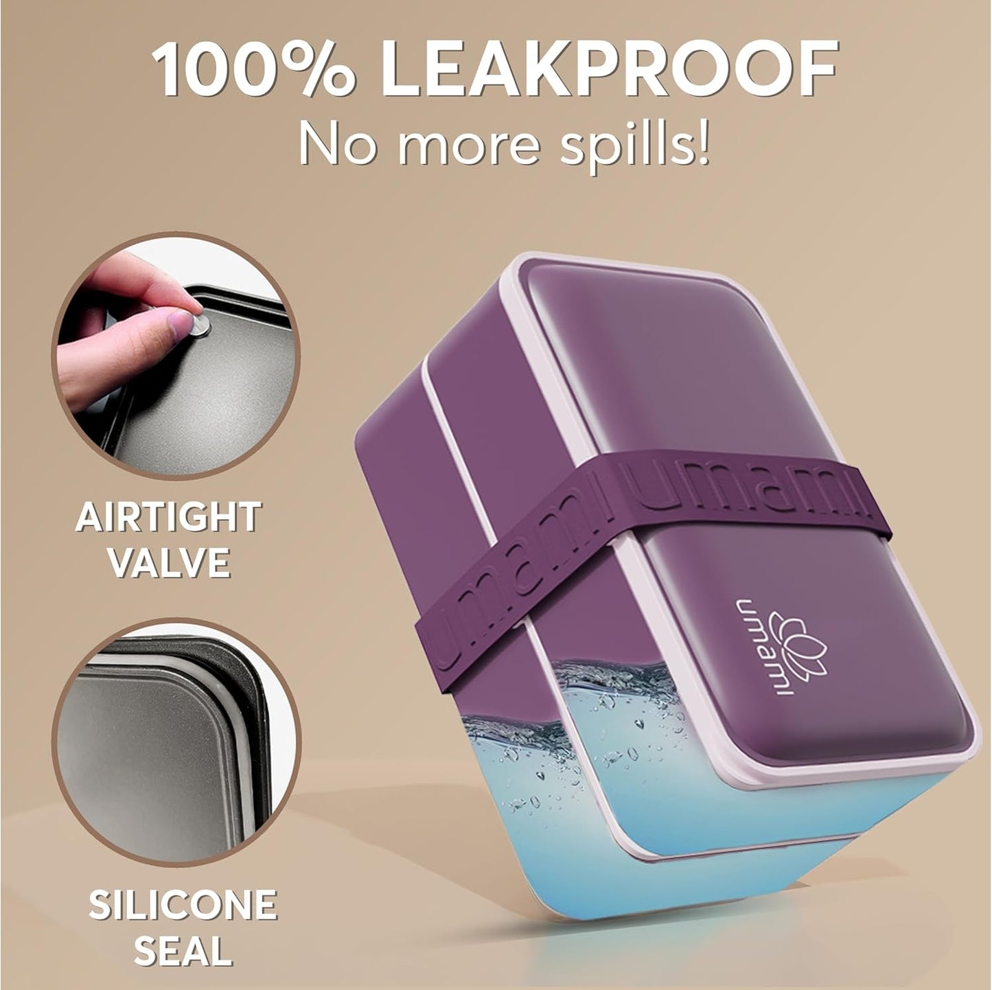 Umami Bento Box Adult All-In-1 w/4 Utensils, 2 Sauce Jars, 2 Dividers, 100% Leakproof, Microwave & Dishwasher Safe, Stackable Bento Lunch Box Containers for Men/Women, Royal Purple, 40 oz