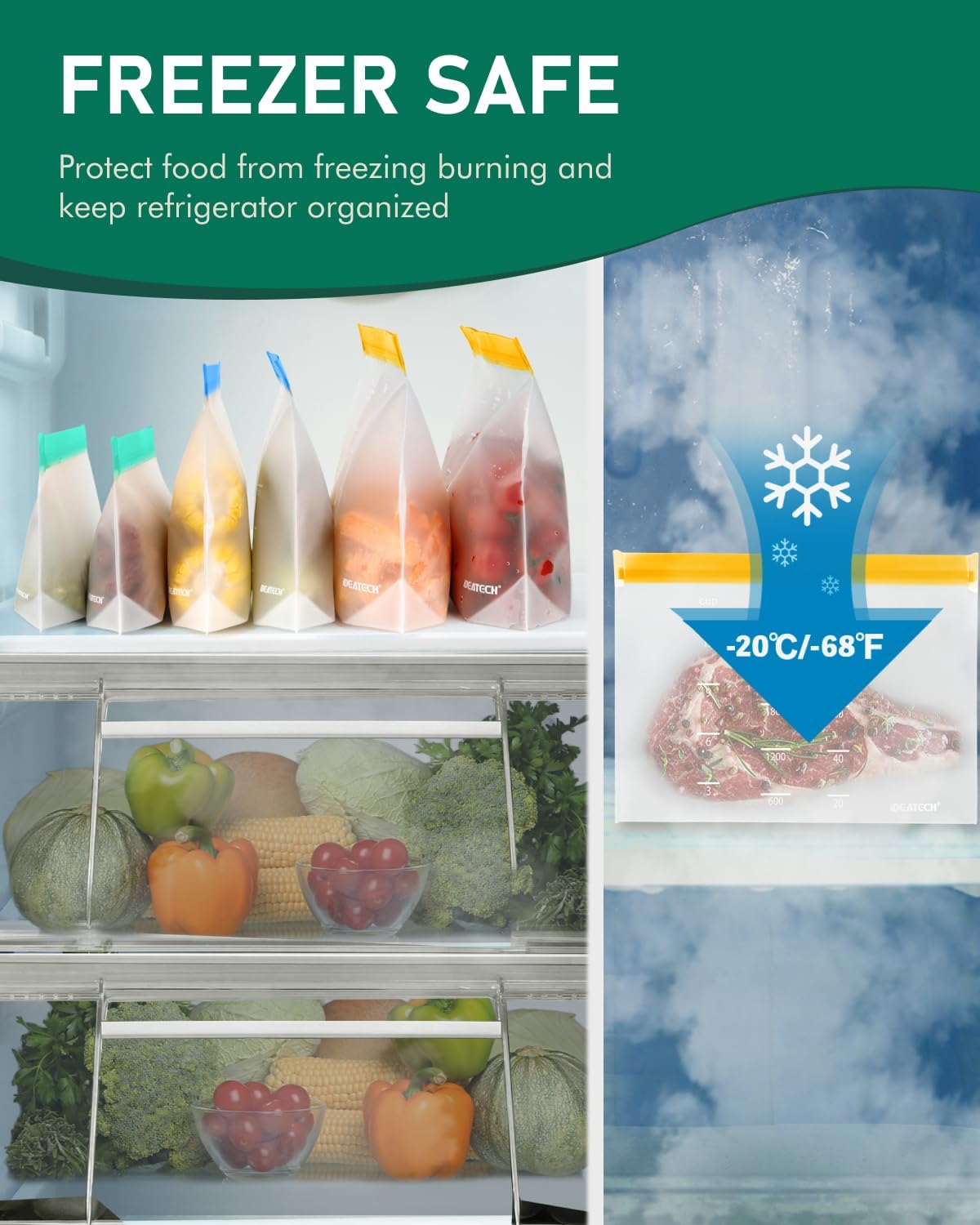 24Pack Freezer Storage Bags Stand Up, Dishwasher Safe Silicone Reusable Bags Various, BPA Plastic Free Food Containers for Lunch, Fruits, Veggies (8Gallon+8Sandwich+8Snack)