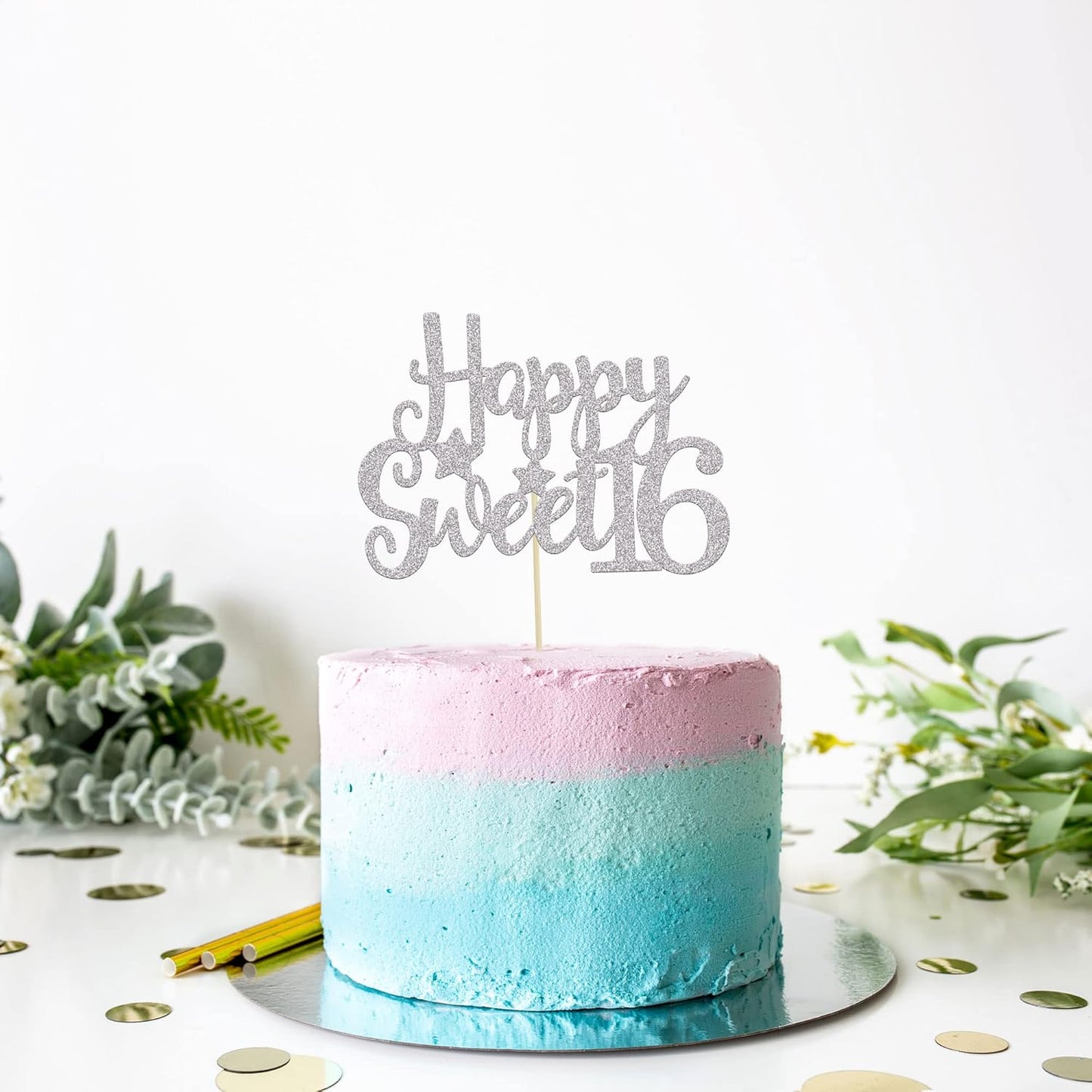 Gyufise 1Pc Happy Sweet 16 Cake Topper Sweet 16 Birthday Decorations Happy 16th Birthday Cake Decorations for Girls/Boys Silver Glitter