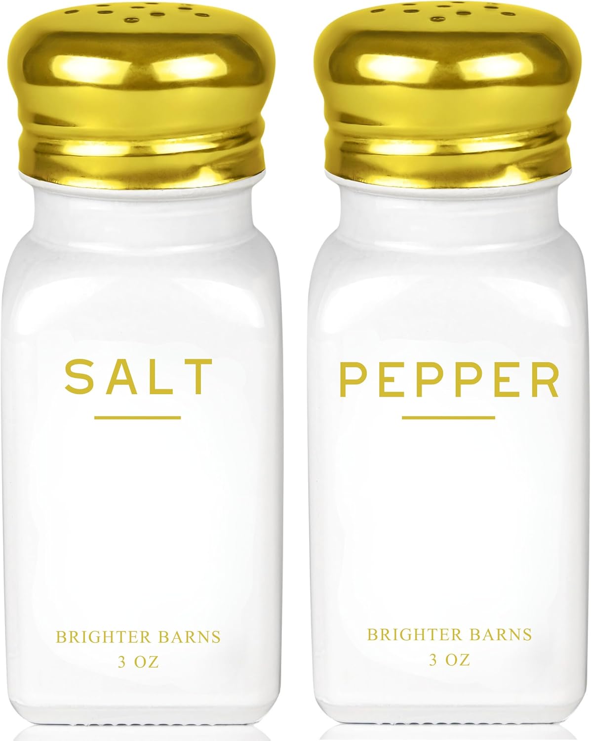 Gold Salt and Pepper Shakers Set by Brighter Barns - Modern Kitchen Decor, White and Gold Kitchen Decor & Accessories - Vintage Glass Shakers with Stainless Steel Lids for Home, Restaurant