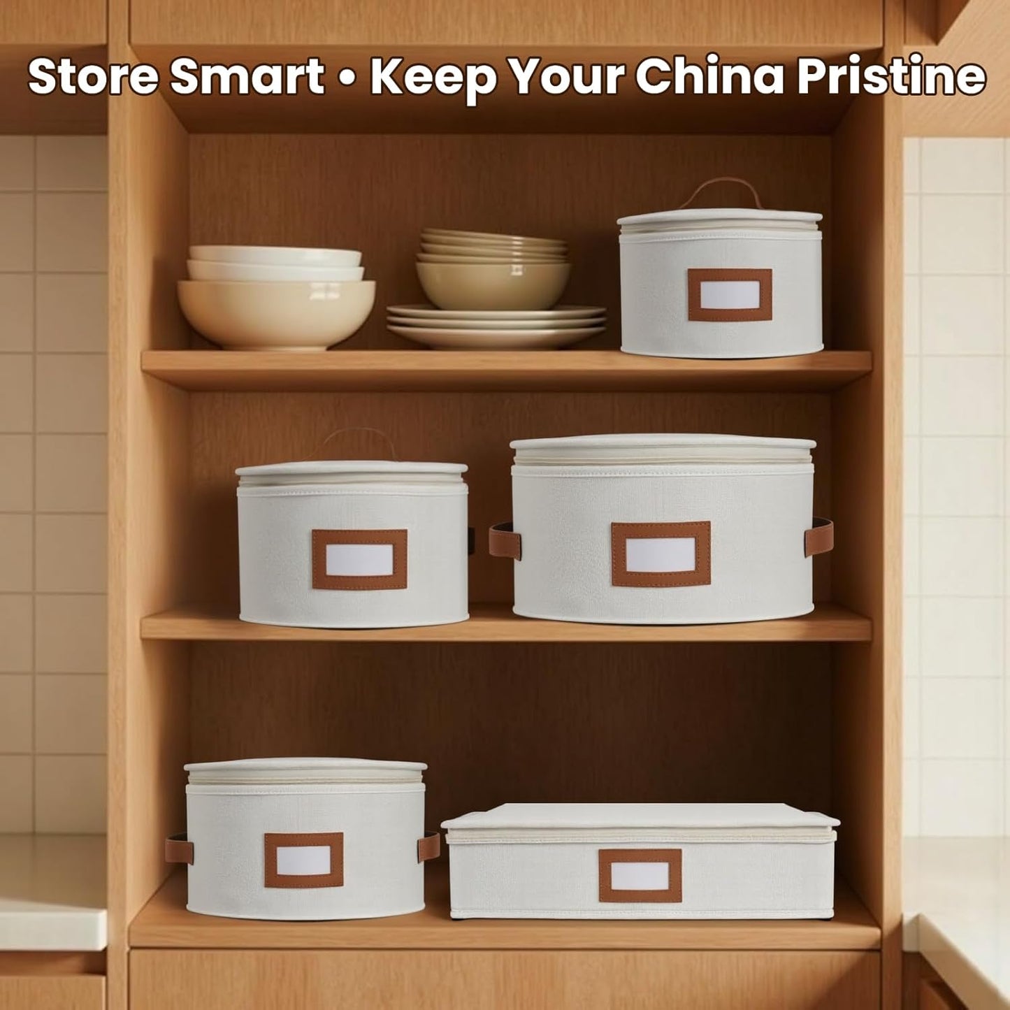 HOMELUX THEORY Hard Shell China Storage Containers, 5pc Ivory Mug & Plate Storage Box, Kitchen Storage Bins With Lids, Heavy Duty Moving Box with Handles for Dishes, Glassware, Stemware, Cup & Mug