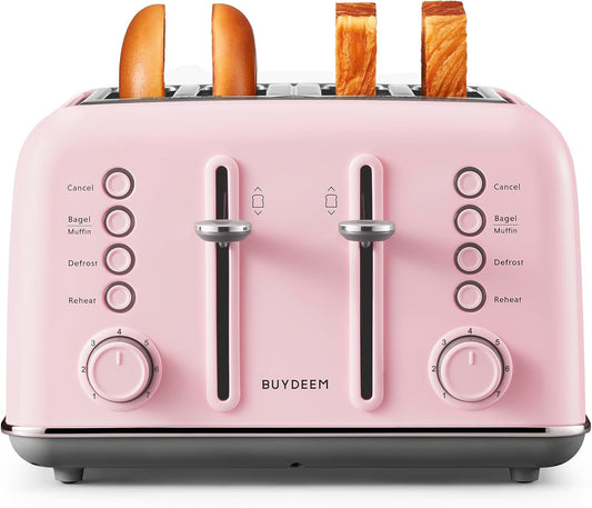 BUYDEEM DT640 4-Slice Toaster, Extra Wide Slots, Retro Stainless Steel with High Lift Lever, Bagel and Muffin Function, Removal Crumb Tray, 7-Shade Settings,Pink