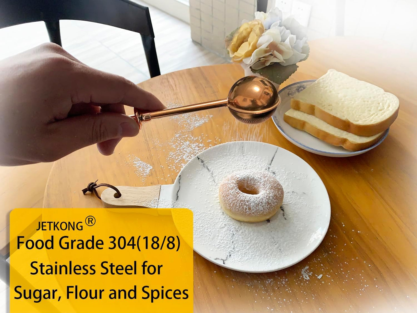 JETKONG Powdered Sugar Shaker Duster Flour Dispenser Shaker with 18/8 Stainless Steel Spring-operated Handle for Sugar Flour and Spices (Brown)