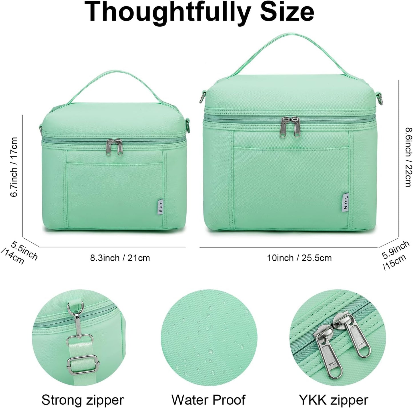NOL Natural Organic Lifestyle Insulated Lunch Bags for Women Cooler Bag Lightweight Nylon Waterproof Lunch Box For Work (Small, Mint green)
