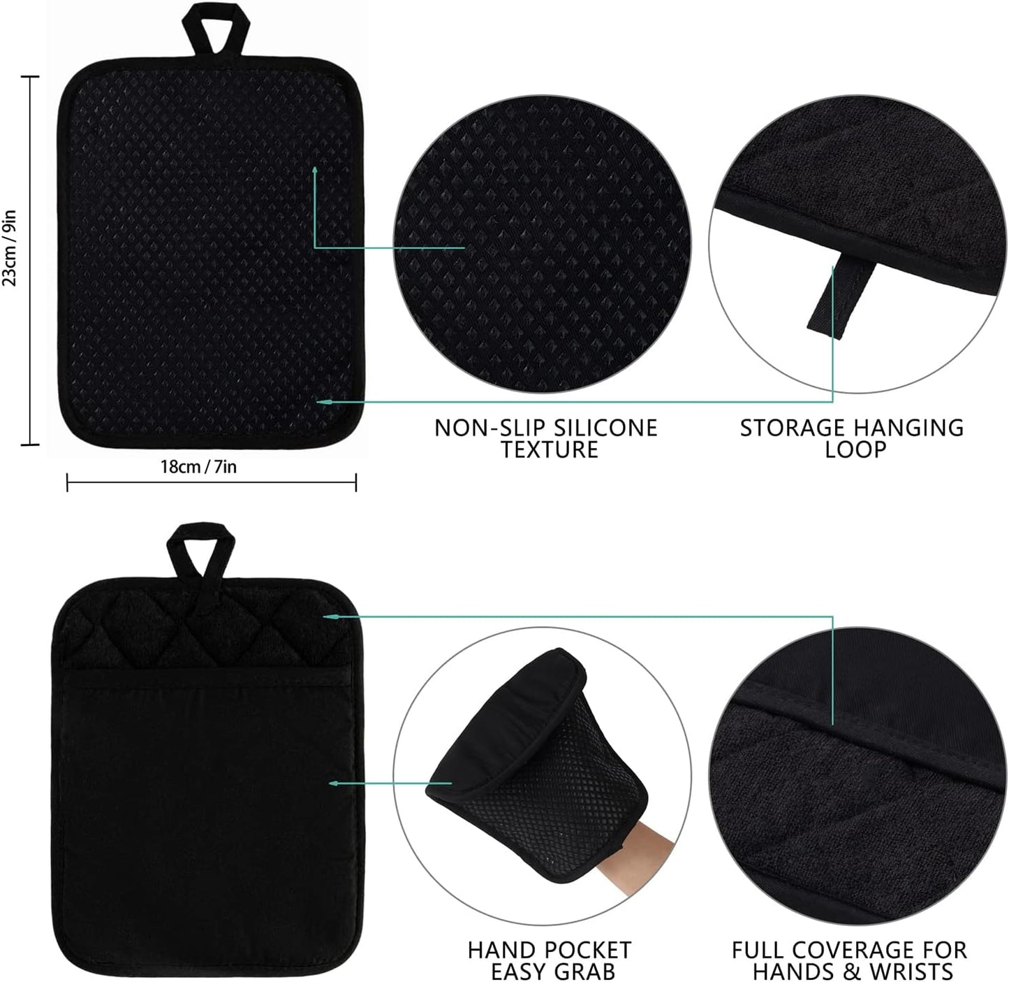 Kitchen Everyday Basic Pot Holder Heat Resistant Coaster Soft Silicone Water Resistant Pot Holder Set Oven Mitts with Pocket, 2 Piece Set, 7"x9" (Black)