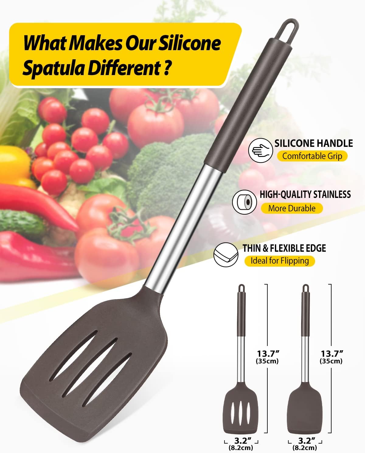 Pack of 2 Silicone Solid Turner, Non Stick Slotted Kitchen Spatulas, High Heat Resistant BPA Free Cooking Utensils, Ideal Cookware for Fish, Eggs, Pancakes(Chocolate)