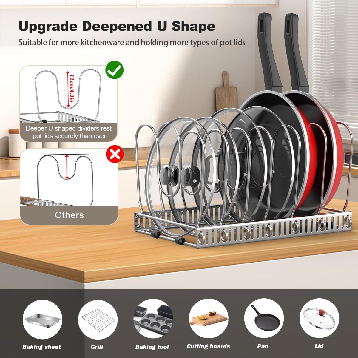 Housolution Pot and Pan Organizer Rack for Cabinet, Pot Lid Organizer with 7 Adjustable Dividers, Pan Holder Storage Rack for Kitchen Cabinet, Silver