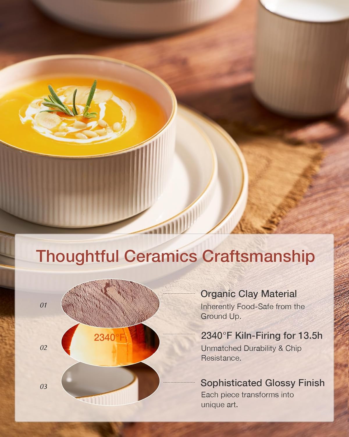 Famiware Star Dinnerware Set, Plates and Bowls Sets for 6 (18pcs), Ribbed Stoneware Dishes - Chip & Scratch Resistant, Microwave & Dishwasher Safe Kitchenware, Vanilla White