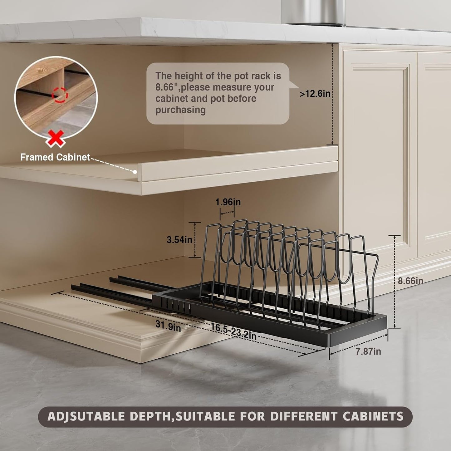 Pots and Pans Organizer Under Cabinet, 22" Deep Expandable Pull Out Pot Lid Organizer and Storage with 10 Adjustable Dividers No Drill Pot and Pan Holder Rack with Handle Bracket(1 Pack,Black)