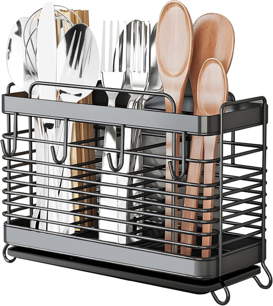 Utensil Holder, Stainless Steel Utensil Drying Rack with Drain Tray, Kitchen Counter Drainer Basket Silverware Cutlery Flatware Holder Forks, Knives, Spoons, Chopsticks Organizer (Black)