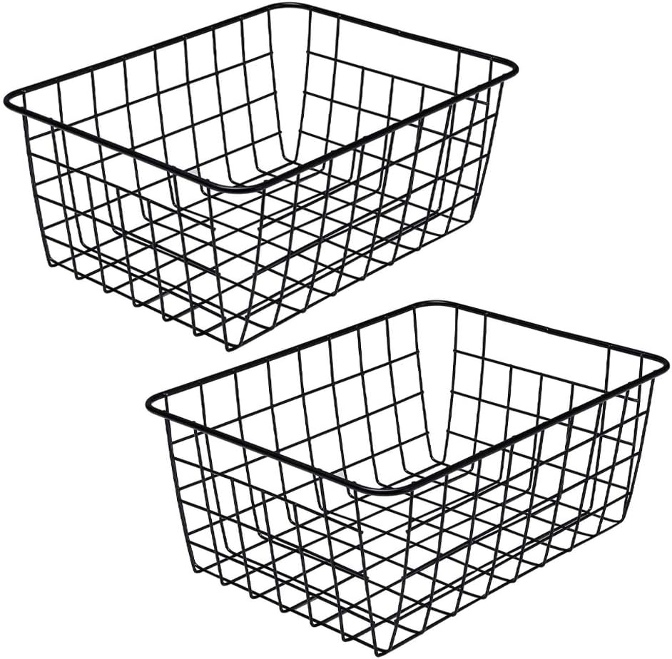 LeleCAT Black Wire Storage Baskets, Metal Household Storage Organizer for Kitchen，Pantry, Shelf, Freezer, Bathroom，Black 2 Pack