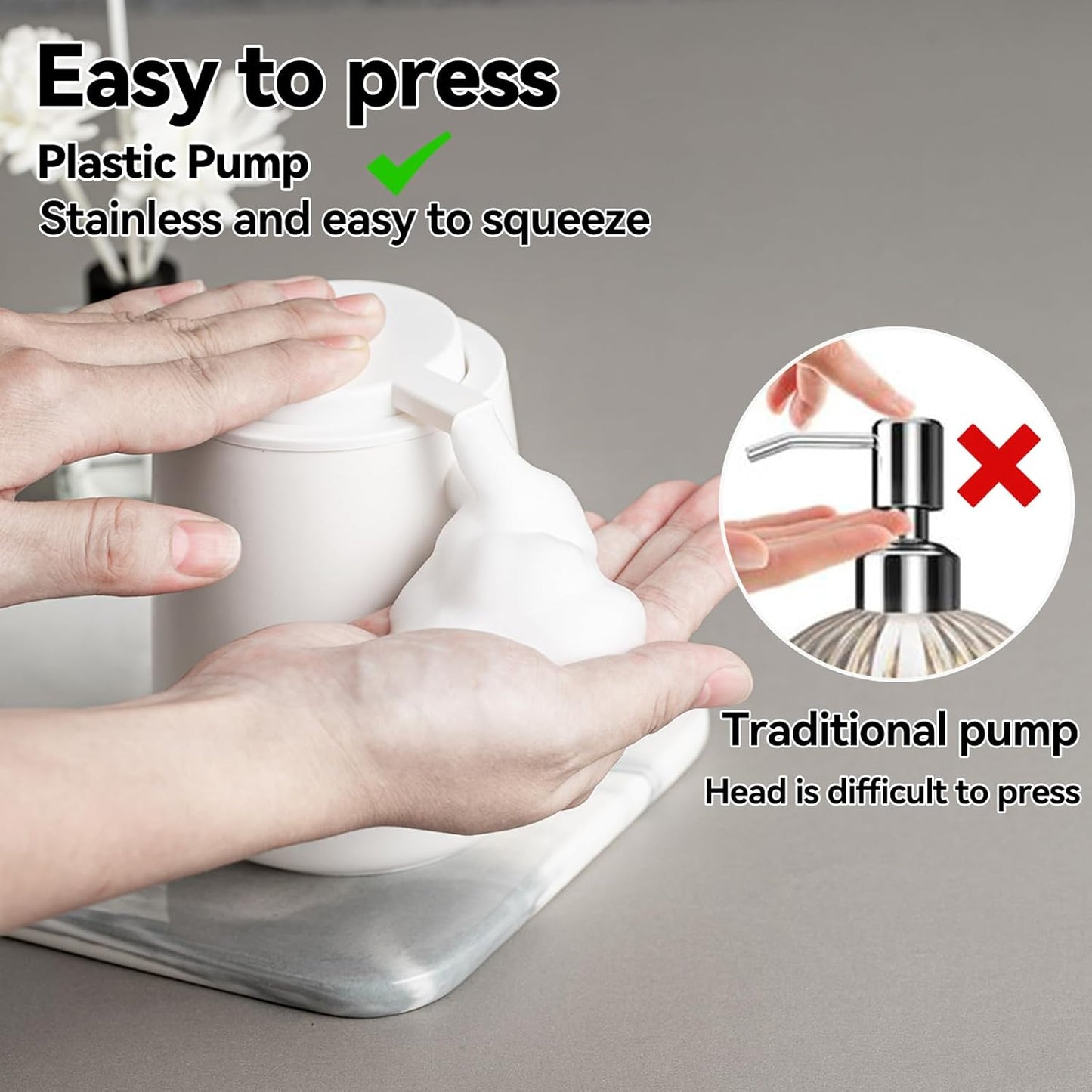 Foaming Soap Dispenser Set - 2 Pack White Ceramic Foam Hand Soap Dispenser for Bathroom, Hand Wash Dispenser Bottle with Foam Pump for Kitchen, 12 Oz Refillable Dish Soap Foam Dispenser 2 Pcs